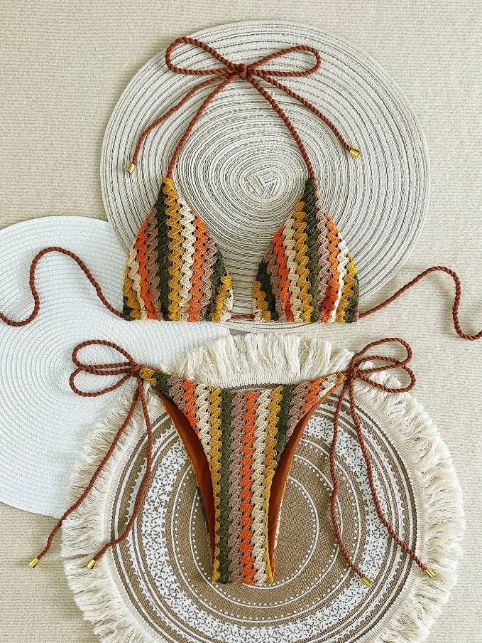 بيكيني بارا برايا كروشيه هالتر 2025 بيكيني محبوك ملابس سباحة نسائية مثيرة ملابس سباحة برازيلية بيكيني ضمادة 