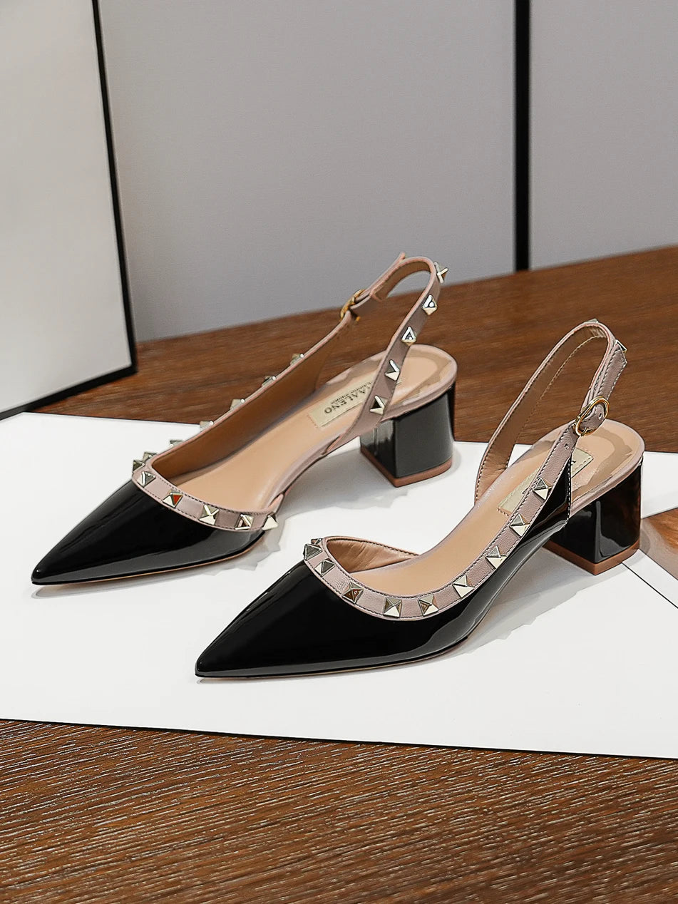 【Measure Your Feet Length Before Order】Rivets Back Strap Luxury Designer Women Elegant Sandals Block High Heel Shoes 121-CHC-33
