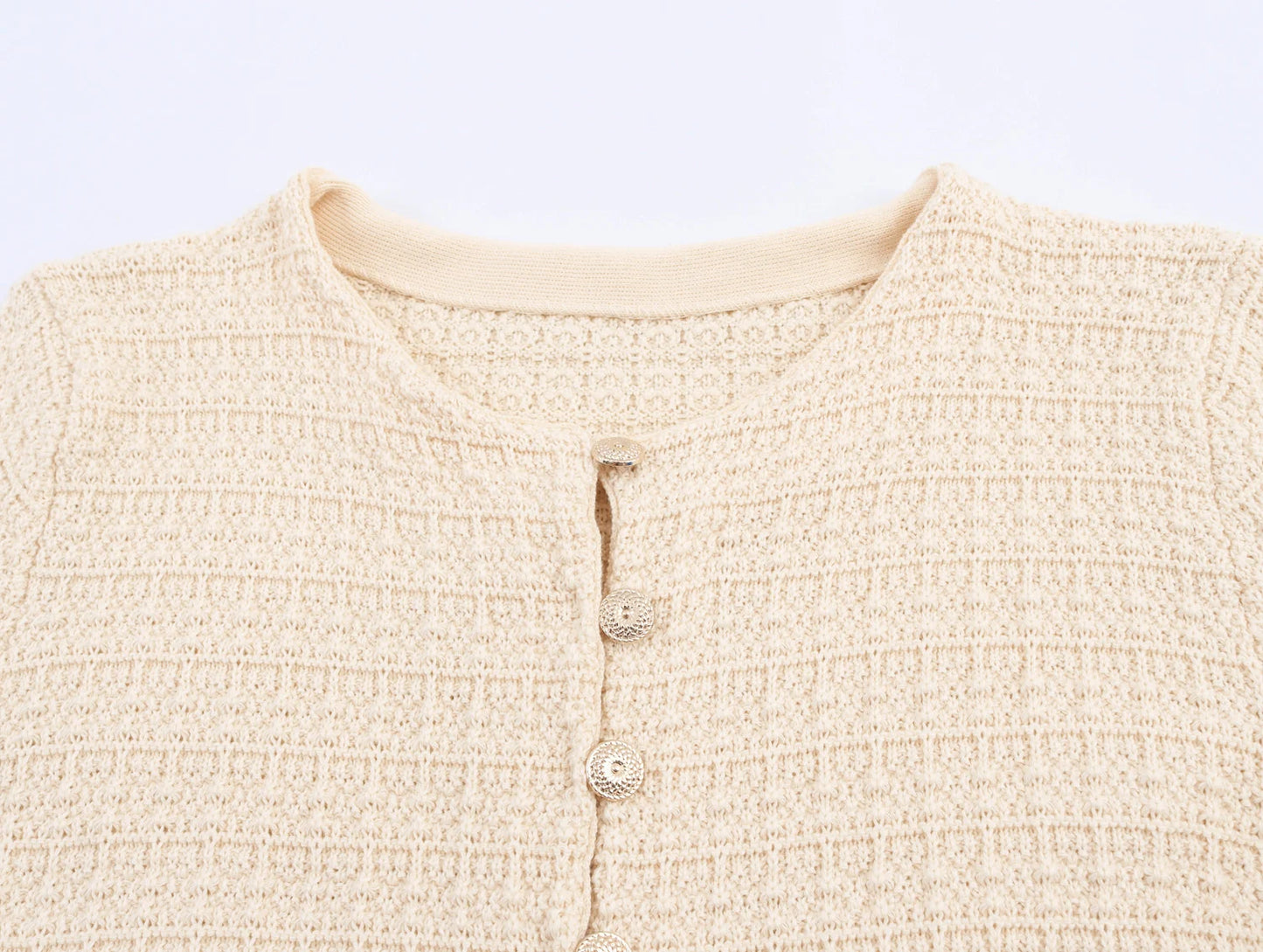DEEABAE Autumn And Winter New Round Neck Buckle Decoration Gentle and Versatile Short Sleeve Knitted Cardigan Half Skirt Set