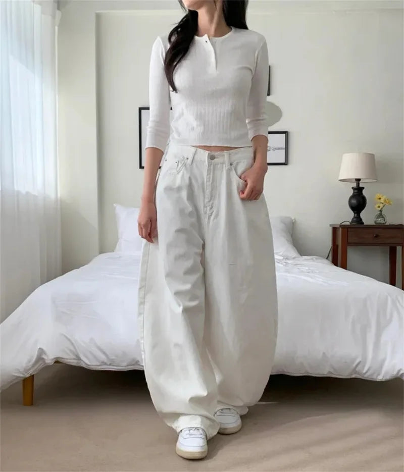 Loose Women's Denim Jeans Ba ket  Knot Design Spring New Sle Casual High Waist Wide Leg Pants Pure Color