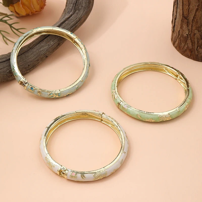 FTCY  3 Pcs Fine small Flower enamel bracelet For Women  Retro Cloisonne Bangle Gold Color Plated Bracelet For Girls Luxury Jewe