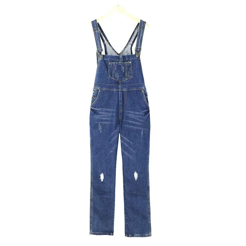 جمبسوت جينز كاجوال للنساء من Streetwear Hole Denim Jumpsuits 2024 بحمالات فضفاضة وجيوب وبنطال طويل مع خصر مستقيم ورومبير جينز 