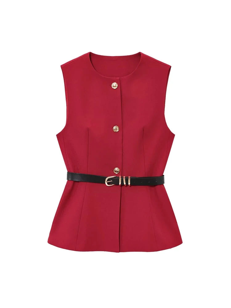 صدرية نسائية طويلة بحزام، زر أمامي ذهبي، صدرية بدون أكمام برقبة دائرية، ملابس خارجية نسائية، بلوزات أنيقة، موضة 