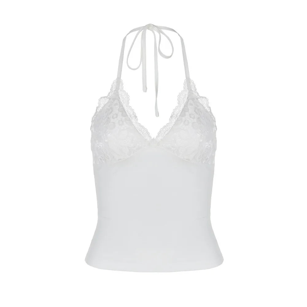 بلوزة نسائية صيفية بدون أكمام مكشكشة من الدانتيل باللون الأسود مع رقبة على شكل حرف V، ملابس كاجوال