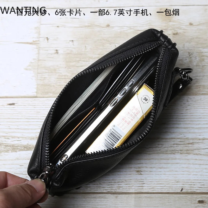 حقيبة يد جلدية أصلية للرجال من الجلد الناعم بتصميم كلاسيكي كاجوال بطبقة علوية من جلد البقر ومحفظة طويلة مع حقيبة هاتف بسحاب كبيرة السعة 