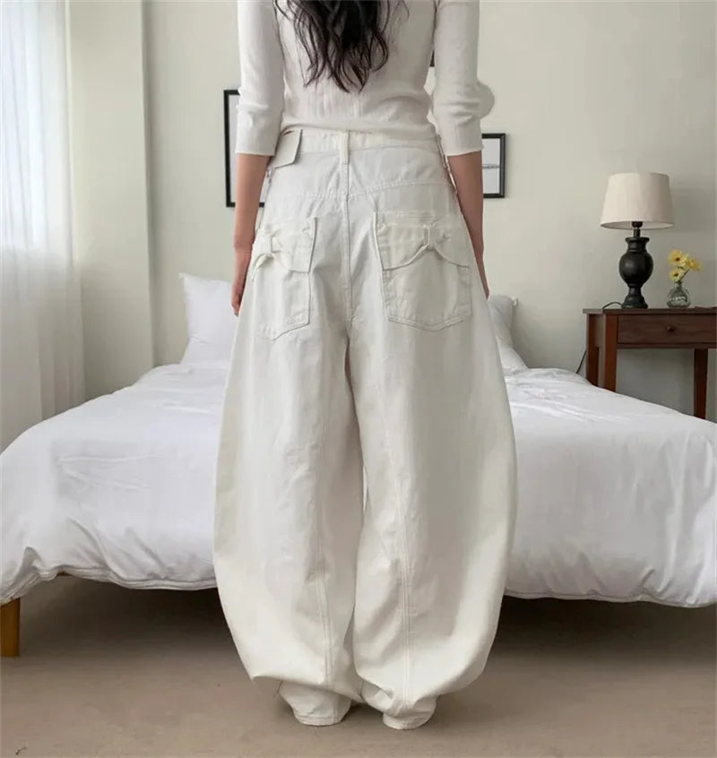 Loose Women's Denim Jeans Ba ket  Knot Design Spring New Sle Casual High Waist Wide Leg Pants Pure Color