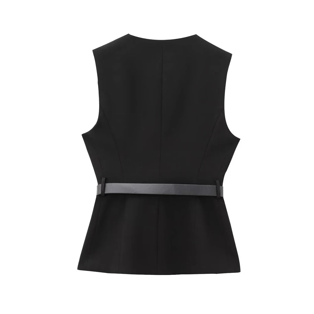 TRZA-Women's Long Waistcoat with Belt, Front Gold Button, O Neck Sleeveless Vest, Female Outerwear, Chic Tops, Fashion