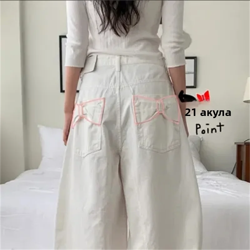 Loose Women's Denim Jeans Ba ket  Knot Design Spring New Sle Casual High Waist Wide Leg Pants Pure Color
