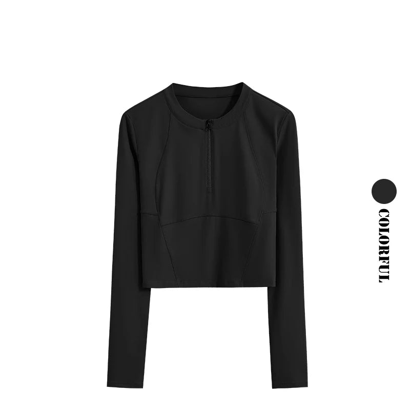 قميص يوغا قصير للنساء من DRUR بأكمام طويلة وقمصان رياضية خفيفة الوزن وملابس رياضية بنصف سحاب وسترات جري سريعة الجفاف وملابس لياقة بدنية نشطة 