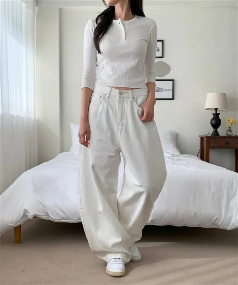 Loose Women's Denim Jeans Ba ket  Knot Design Spring New Sle Casual High Waist Wide Leg Pants Pure Color