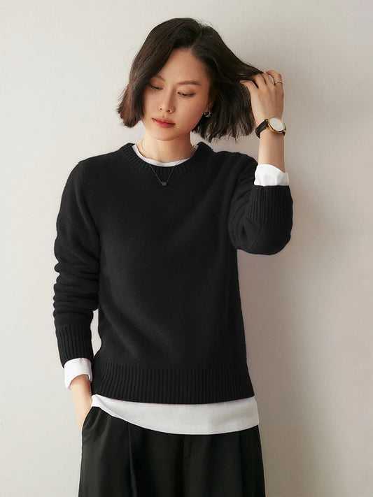 Chic O-Neck 100% Cashmere Sweater Women's Solid Color Pullover Autumn Winter Basic Casual Clothing Thick Warm knitwear Soft Tops