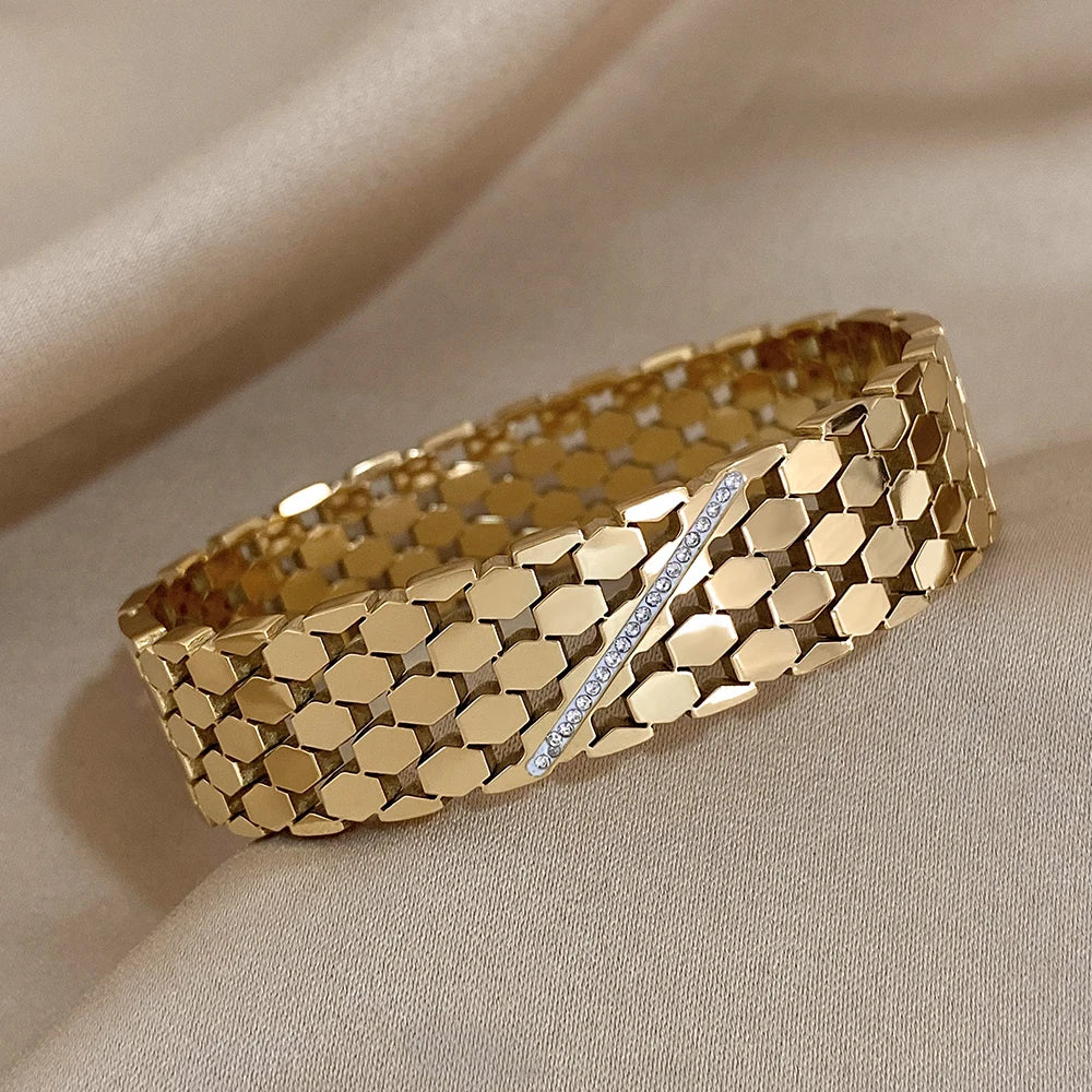 Luxury Charm Stainless Steel Cuff Bracelet for Women Fashion Zircon Geometric Gold Silver Color Wrist Bangles Waterproof Jewelry