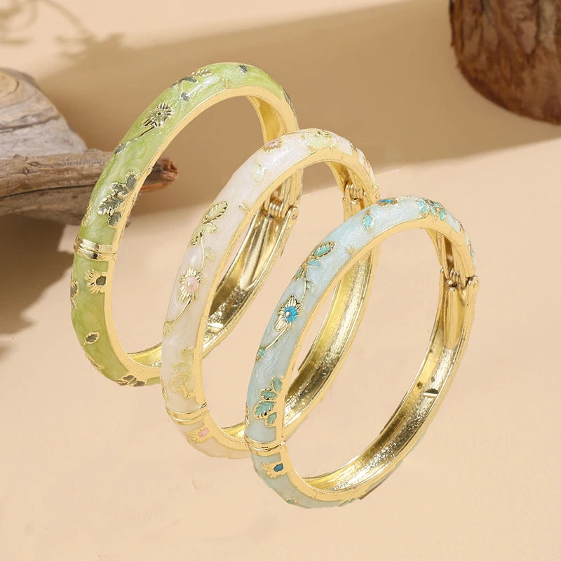 FTCY  3 Pcs Fine small Flower enamel bracelet For Women  Retro Cloisonne Bangle Gold Color Plated Bracelet For Girls Luxury Jewe