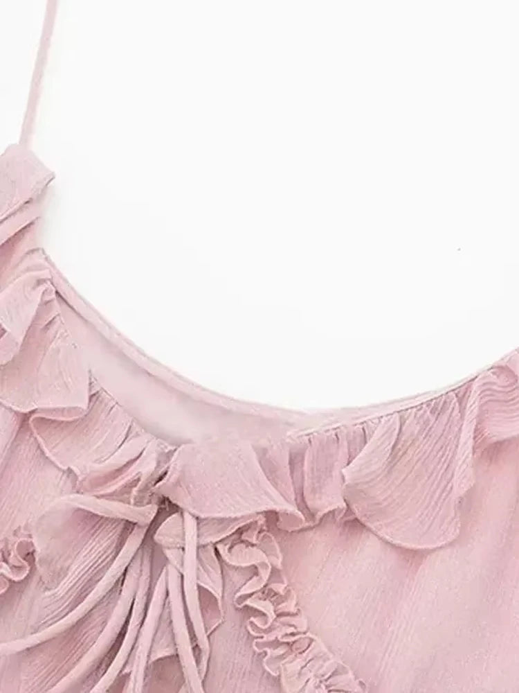 تي شيرت نسائي TRZA عصري مع كشكشة أمامية مربوطة شبه شفافة بدون أكمام، مثير بدون ظهر وأشرطة رفيعة، كاميس نسائي 