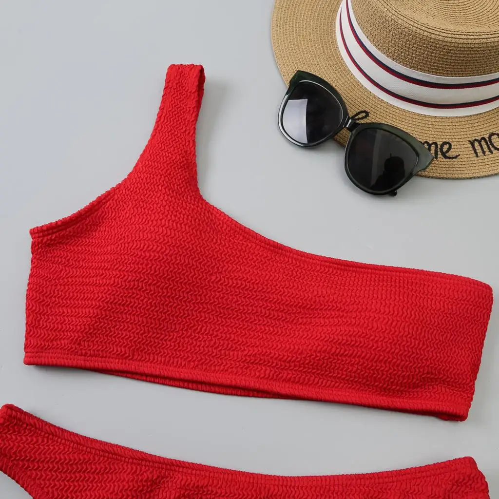 One Shoulder Bikinis 2025 Women Sexy Swimwear Female Brazilian Swimsuit Solid Beachwear Bathers Bathing Swimming Swim Suit