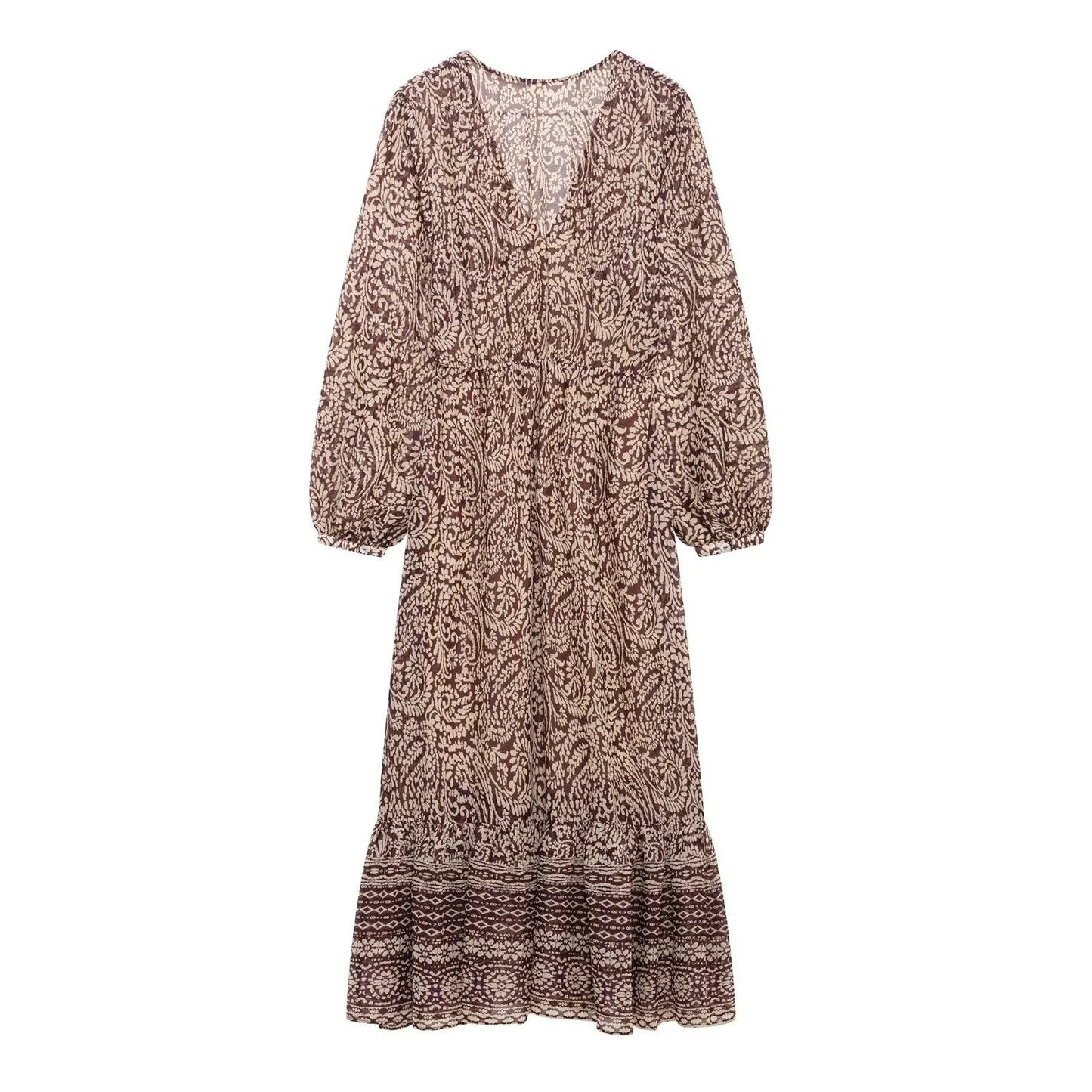 فستان متوسطي بنقشة ريترو، بياقة V وتصميم متدرج أنيق، مثالي للربيع. 