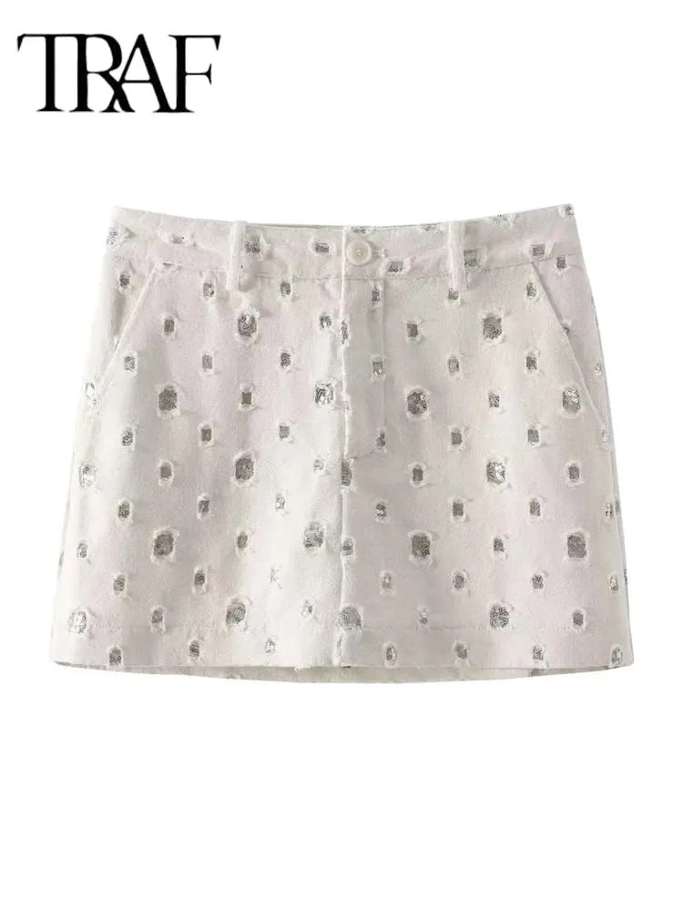 طقم تنورة أنيقة مزينة بالترتر من TRAF للنساء، مكون من قطعتين، صدرية لامعة بدون أكمام، طقم تنورة بسحاب، موضة صيف 2024 