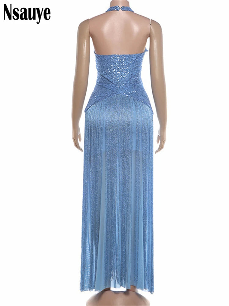 Nsauye Women Aesthetic Tassel Sequins Glitter Blue Long Dresses Party Elegant Evening Sleeveless Backless Halter Summer Dress