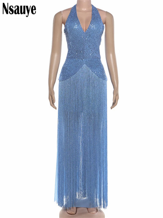 Nsauye Women Aesthetic Tassel Sequins Glitter Blue Long Dresses Party Elegant Evening Sleeveless Backless Halter Summer Dress
