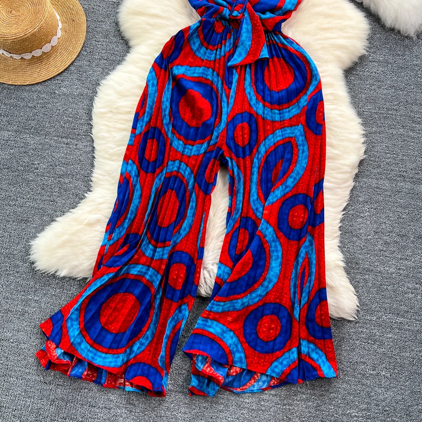 Summer Elegant Women Abstract Print Jumpsuit Chic Streetwear Wide Leg Romper Mujer V Neck Bodycon Sleeveless High Jumps