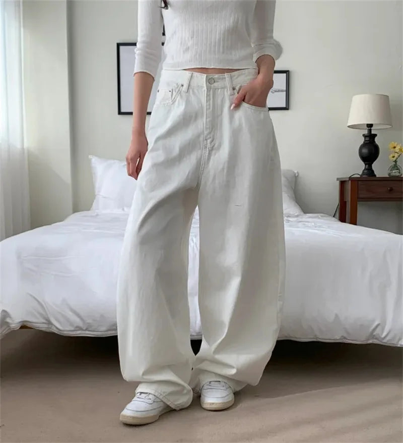 Loose Women's Denim Jeans Ba ket  Knot Design Spring New Sle Casual High Waist Wide Leg Pants Pure Color