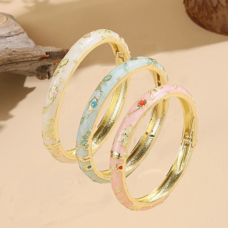 FTCY  3 Pcs Fine small Flower enamel bracelet For Women  Retro Cloisonne Bangle Gold Color Plated Bracelet For Girls Luxury Jewe