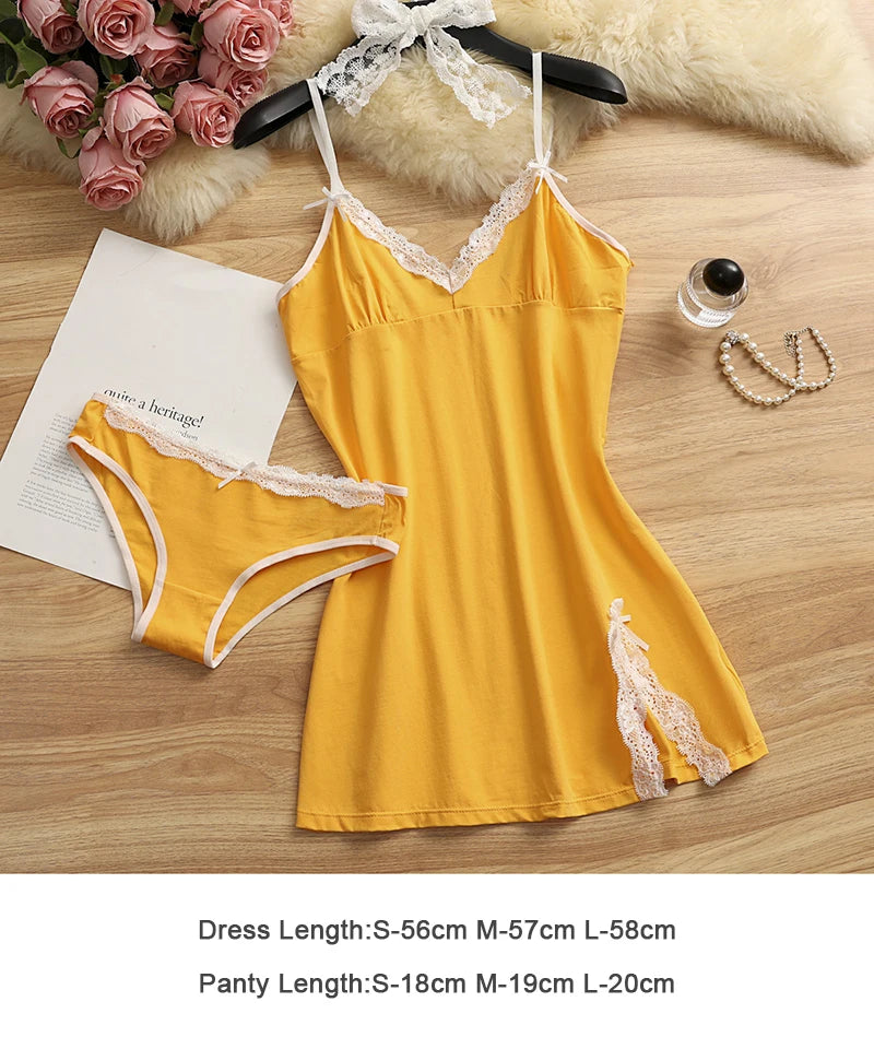 Women Pajama Cotton Suspender Nightdress 2 Pieces Pajama Set Cute Lace Nightgowns Bow Summer Sleepwear V-neck Slit Pajamas Dress
