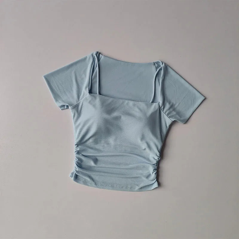 فستان يوغا صيفي جديد مكون من قطعتين مع وسادة صدر ثابتة وأكمام قصيرة وشبكة رياضية للجري واللياقة البدنية 