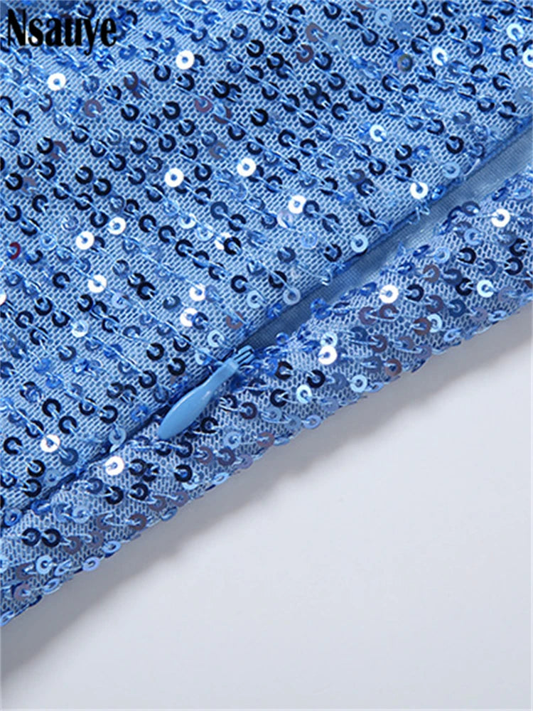 Nsauye Women Aesthetic Tassel Sequins Glitter Blue Long Dresses Party Elegant Evening Sleeveless Backless Halter Summer Dress
