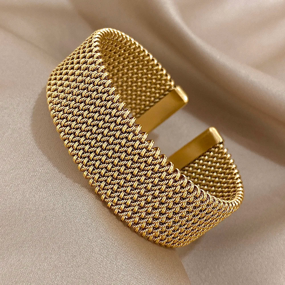Vintage Weave Golden Cuff Bracelets for Women Elegant Trendy Stainless Steel Chunky Bracelet Bangle Waterproof Jewelry Gifts