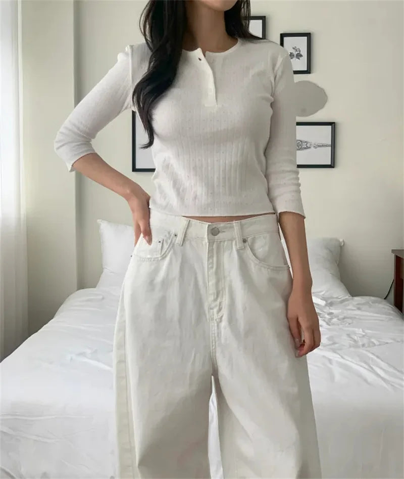 Loose Women's Denim Jeans Ba ket  Knot Design Spring New Sle Casual High Waist Wide Leg Pants Pure Color