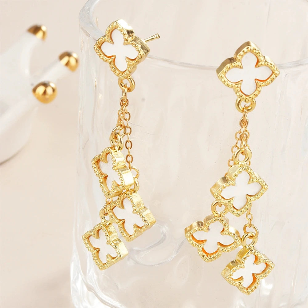 Elegant Long Clover Earrings White Shell Inlay Gold Plated Drop Earrings for Party