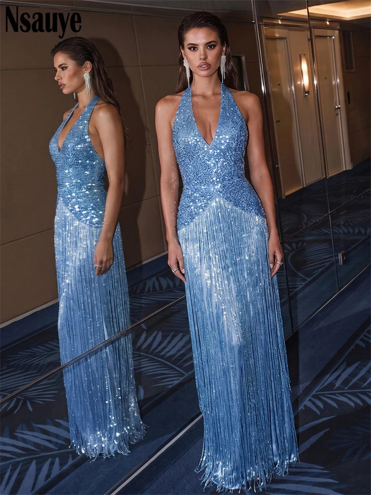 Nsauye Women Aesthetic Tassel Sequins Glitter Blue Long Dresses Party Elegant Evening Sleeveless Backless Halter Summer Dress