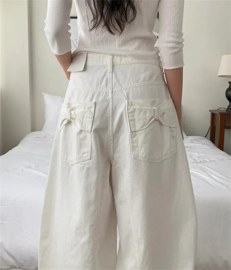 Loose Women's Denim Jeans Ba ket  Knot Design Spring New Sle Casual High Waist Wide Leg Pants Pure Color