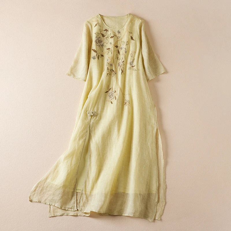 Summer Print Vintage Dresses For Women 2026 New Casual Long Thin Breathable Dress Femme Robe Office Lady Work Elegant Clothing