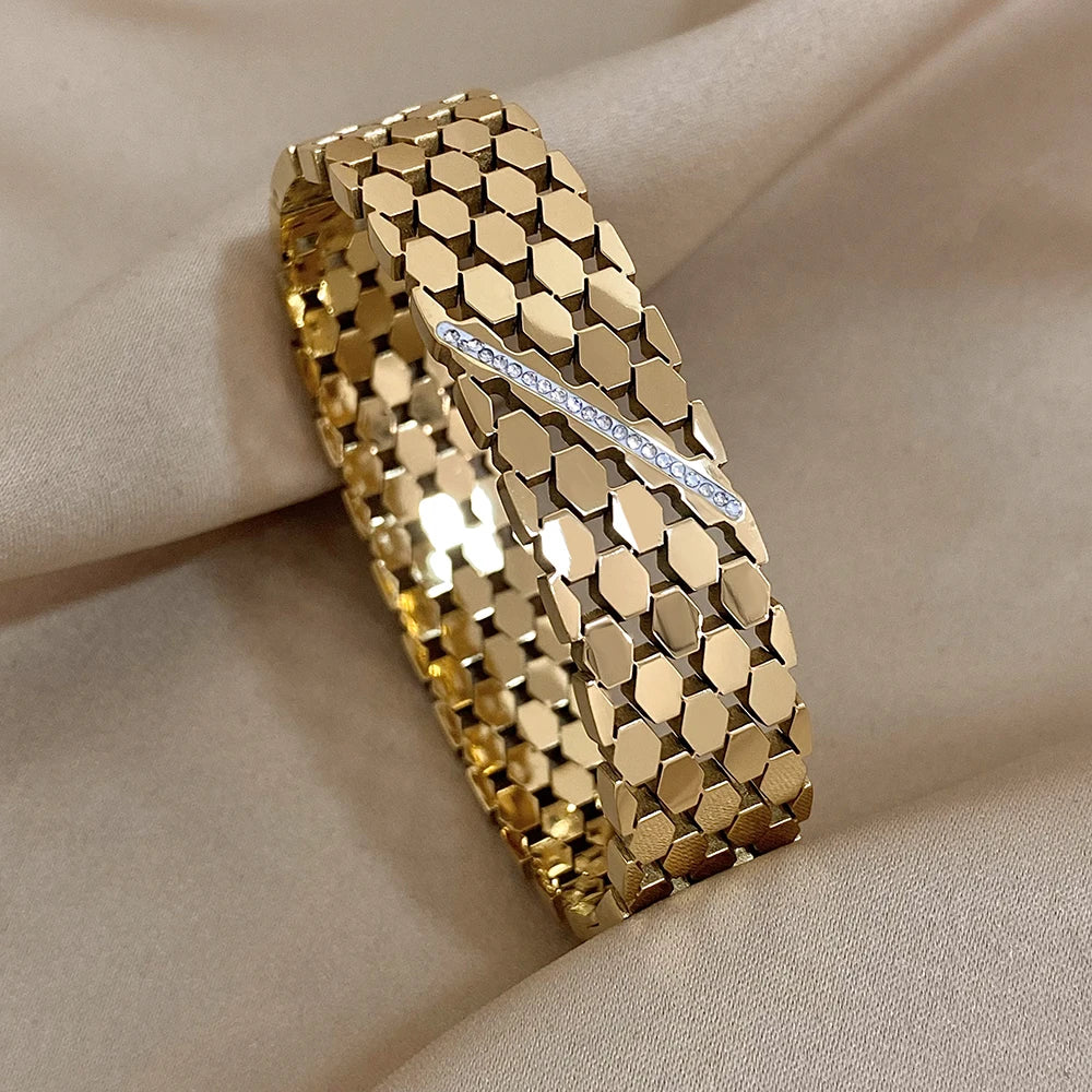 Luxury Charm Stainless Steel Cuff Bracelet for Women Fashion Zircon Geometric Gold Silver Color Wrist Bangles Waterproof Jewelry