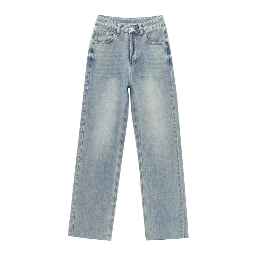 TRAF Wide-leg high-waisted jeans  women's classic everything with five pockets washed soft comfortable ultra-long jeans6045022