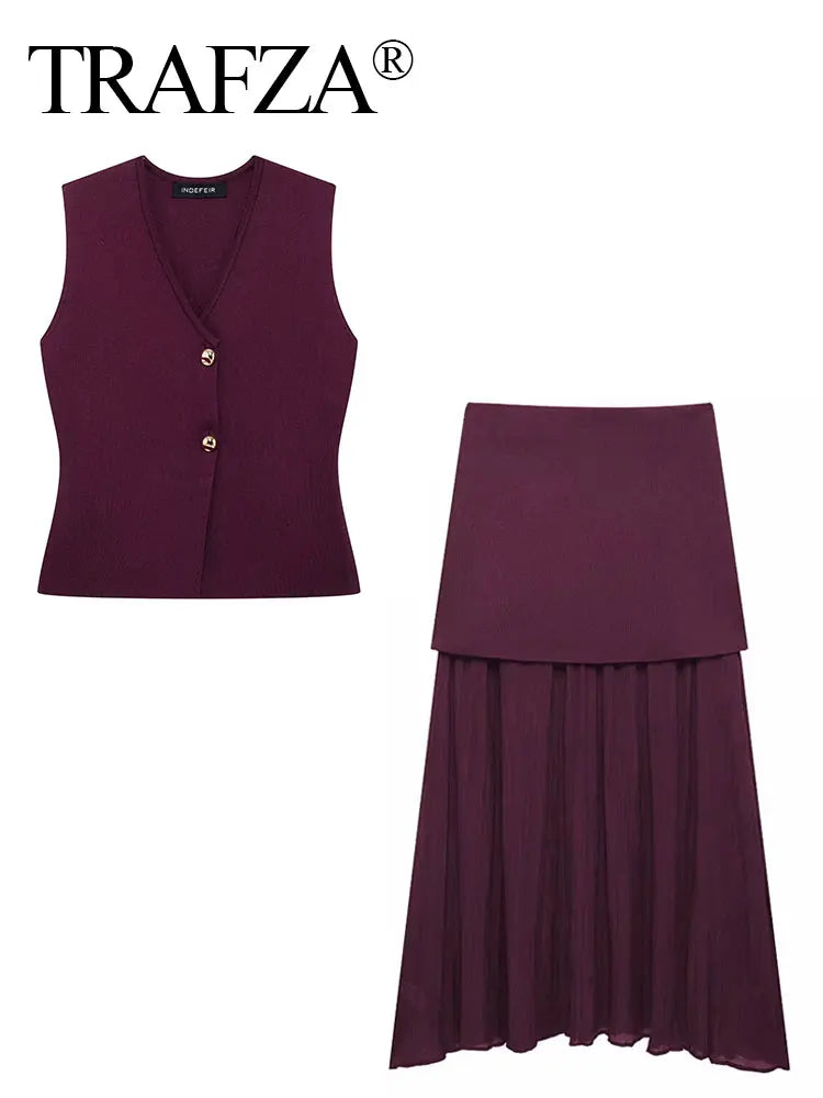 TRAFZA 2025 Women Skirt Set Wine Red Knitted V-Neck Sleeveless Slim Vest +Solid High Waist Zipper Patchwork Long Skirt Street