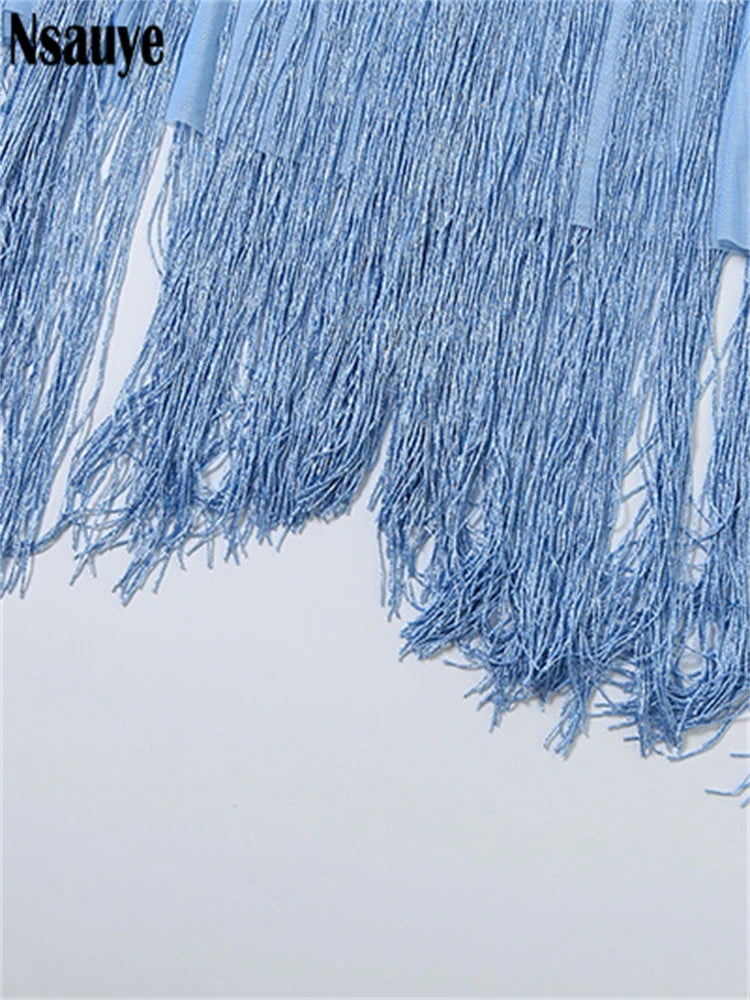 Nsauye Women Aesthetic Tassel Sequins Glitter Blue Long Dresses Party Elegant Evening Sleeveless Backless Halter Summer Dress