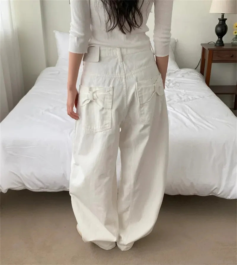 Loose Women's Denim Jeans Ba ket  Knot Design Spring New Sle Casual High Waist Wide Leg Pants Pure Color