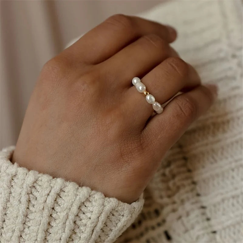 YWYC Mini Rice Shape Freshwater Pearl Ring for Women Elastic 3-4mm Pearl Finger Ring Jewelry Gift for Lover Mom