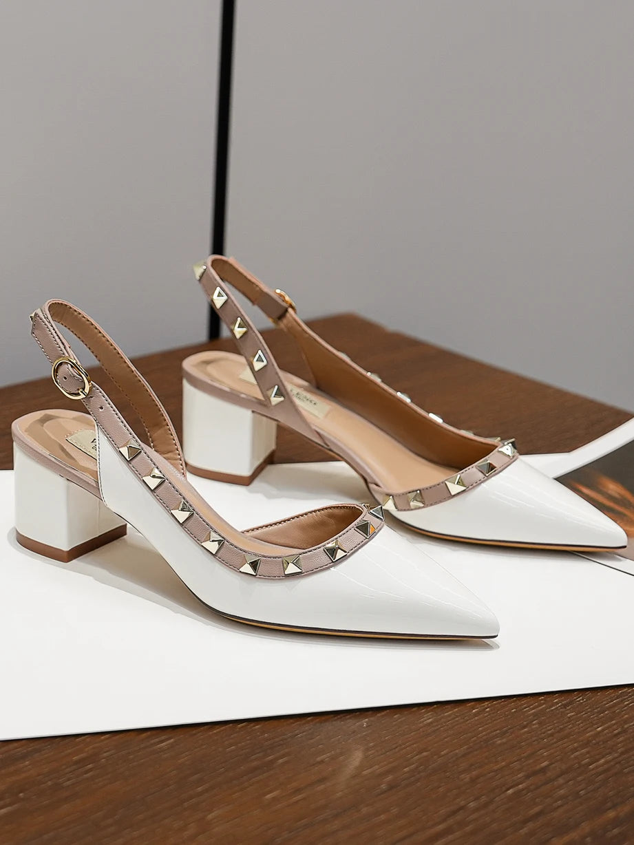 【Measure Your Feet Length Before Order】Rivets Back Strap Luxury Designer Women Elegant Sandals Block High Heel Shoes 121-CHC-33