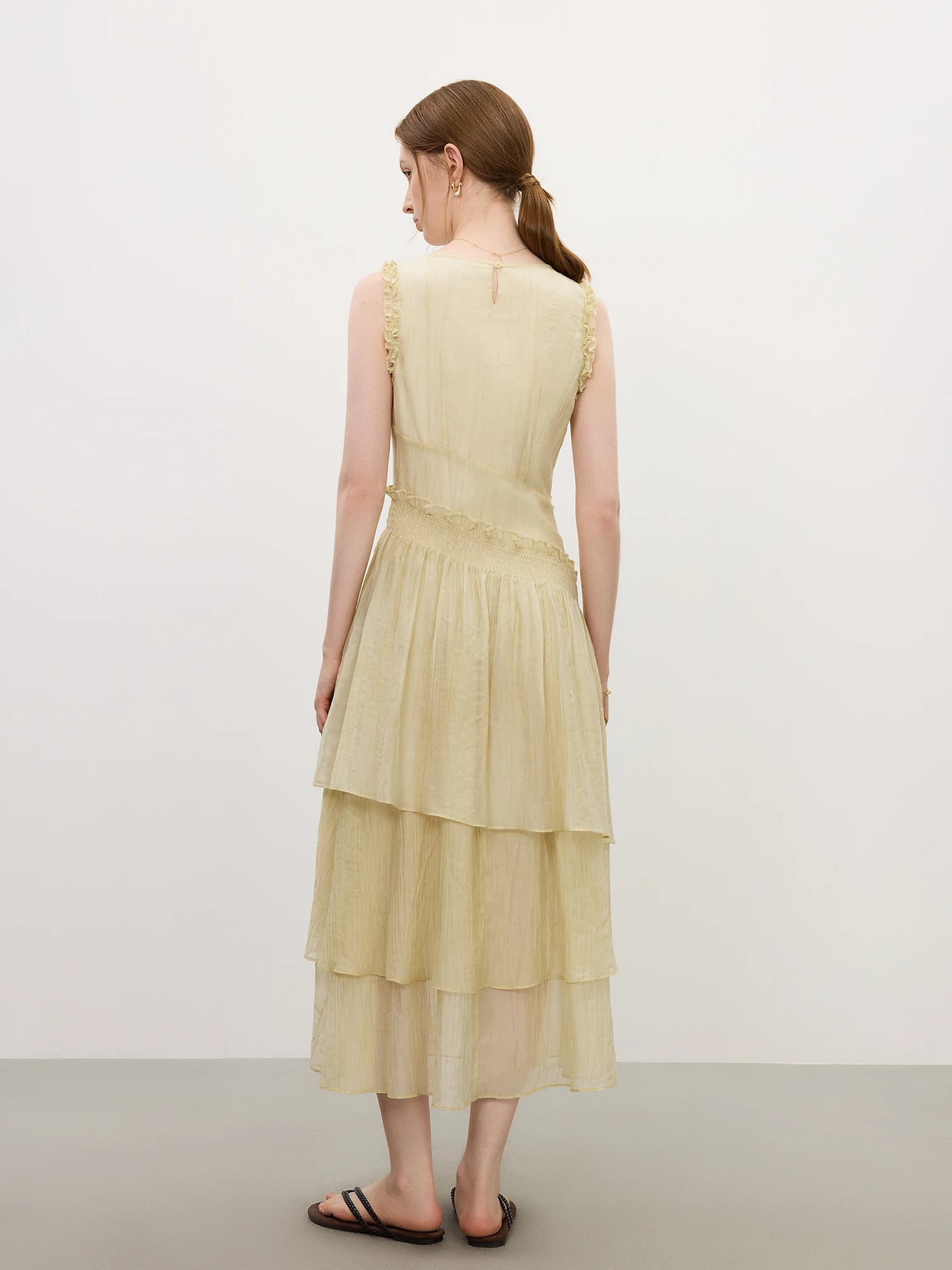FSLE Summer 2025 Textured Pleat Dress - Fluid Asymmetric Hem Sleeveless Resort to Office Elegant Silhouette