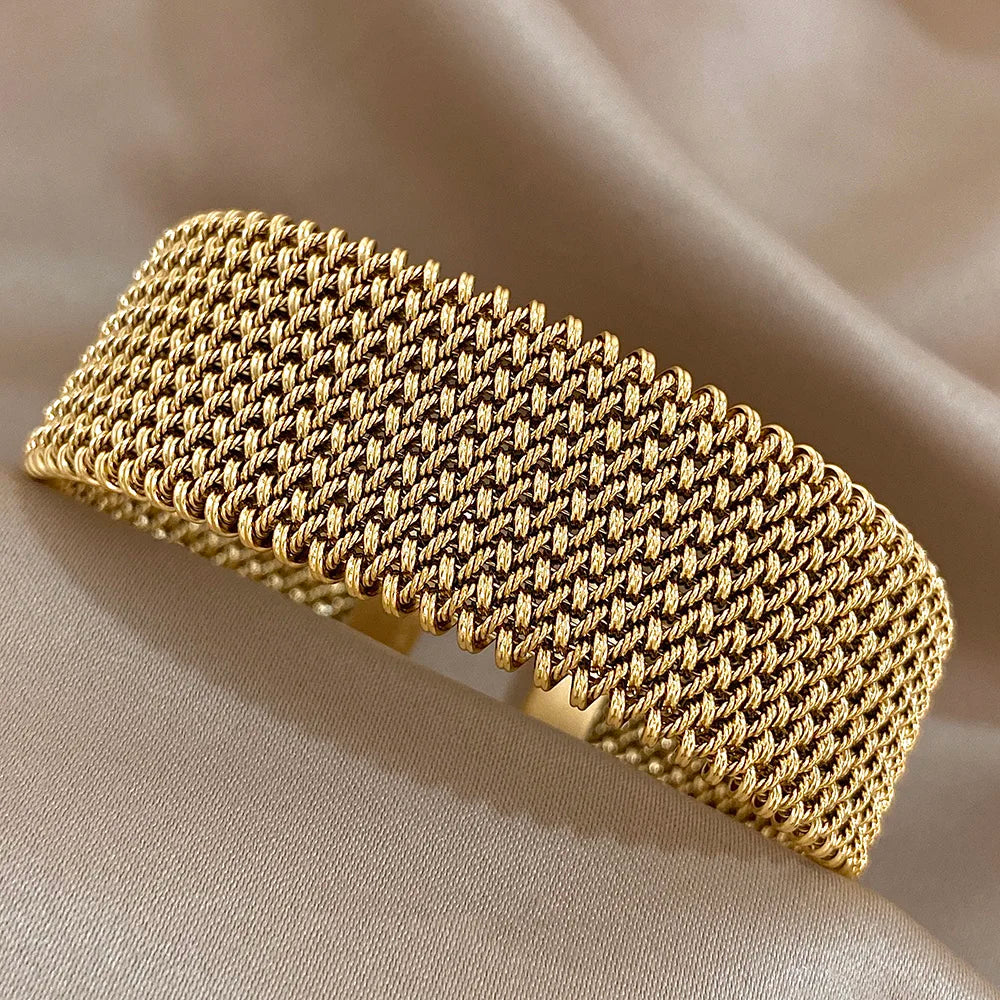Vintage Weave Golden Cuff Bracelets for Women Elegant Trendy Stainless Steel Chunky Bracelet Bangle Waterproof Jewelry Gifts