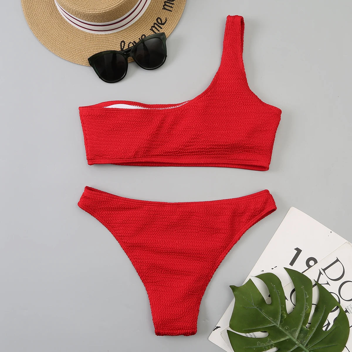 One Shoulder Bikinis 2025 Women Sexy Swimwear Female Brazilian Swimsuit Solid Beachwear Bathers Bathing Swimming Swim Suit