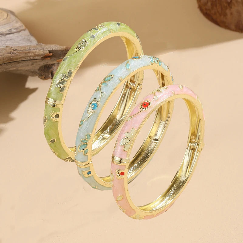 FTCY  3 Pcs Fine small Flower enamel bracelet For Women  Retro Cloisonne Bangle Gold Color Plated Bracelet For Girls Luxury Jewe