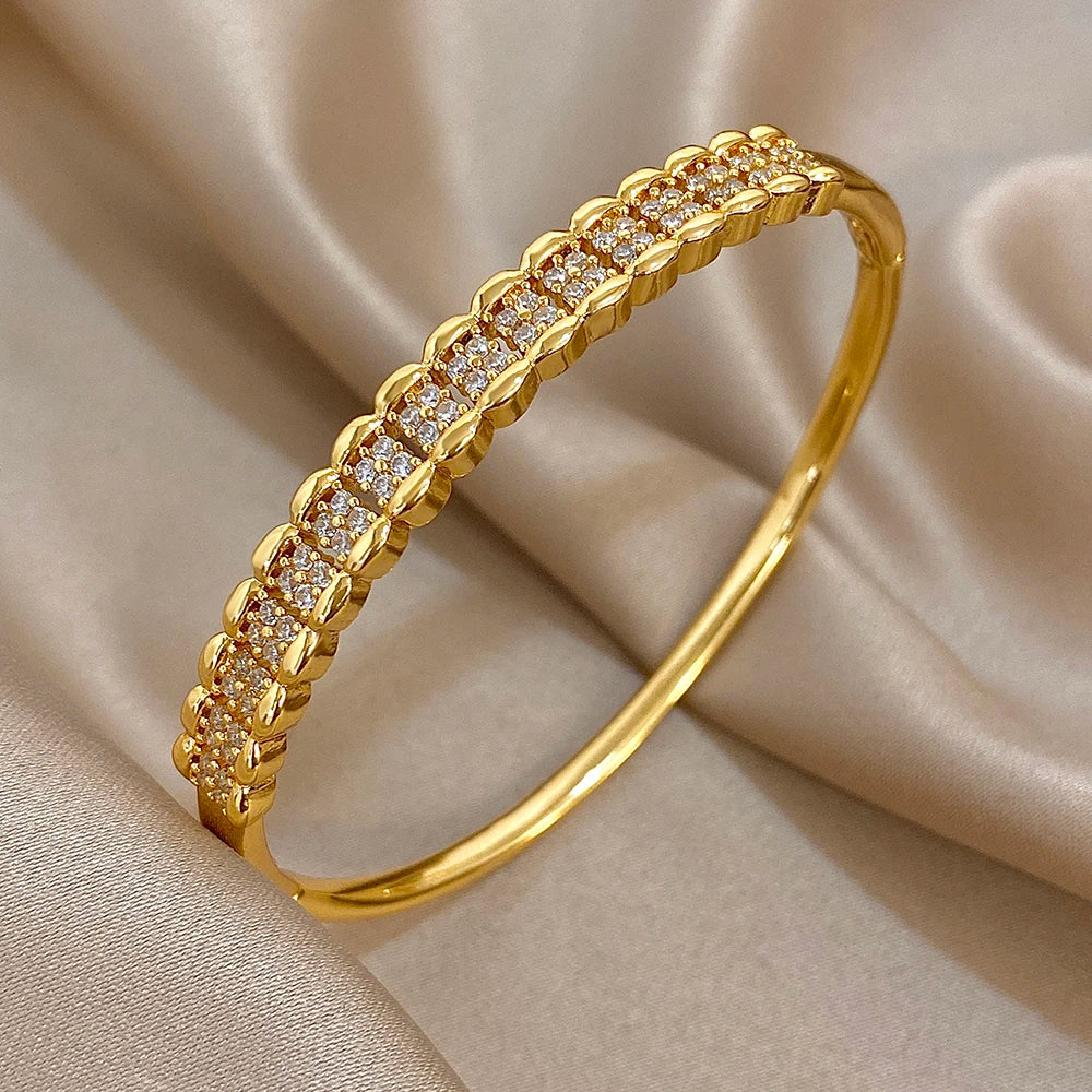 Luxury Multilayer Micro Inlaid Zircon Cuff Bracelet for Women Elegant Gold Plated Copper Stacked Bracelets Fashion Jewelry