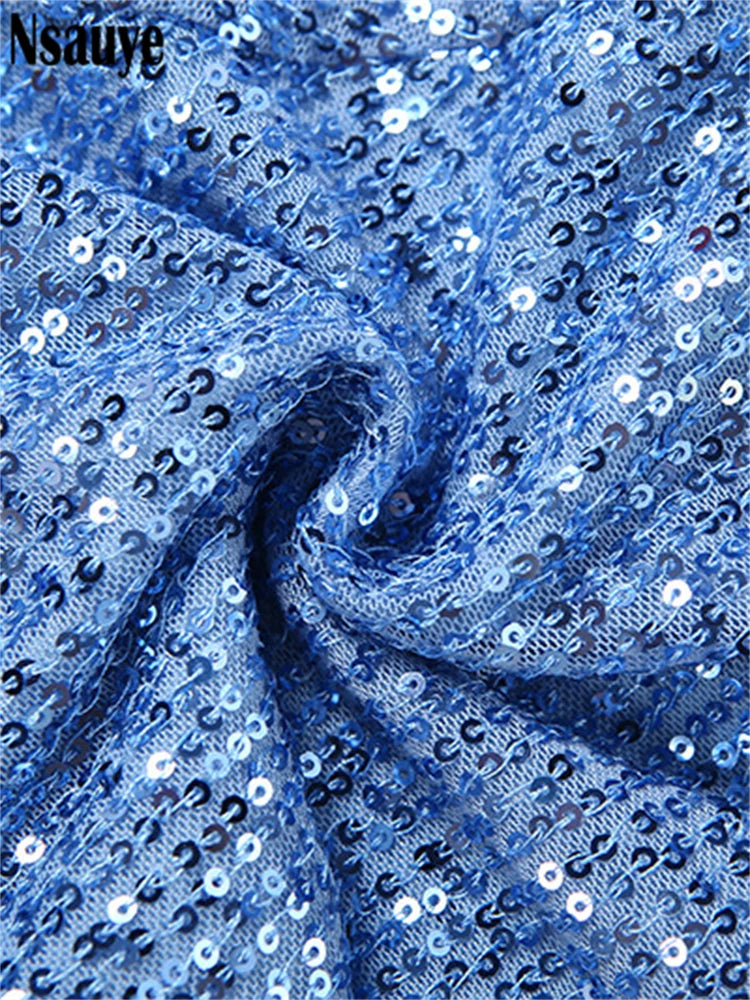Nsauye Women Aesthetic Tassel Sequins Glitter Blue Long Dresses Party Elegant Evening Sleeveless Backless Halter Summer Dress