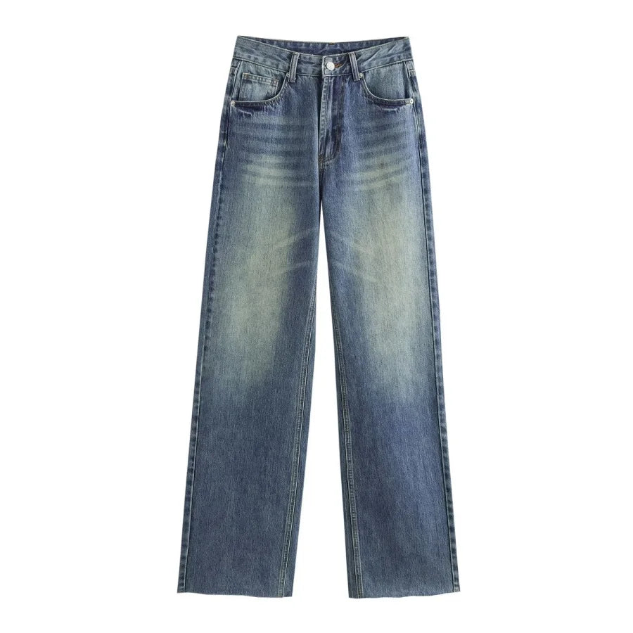 TRAF Wide-leg high-waisted jeans  women's classic everything with five pockets washed soft comfortable ultra-long jeans6045022