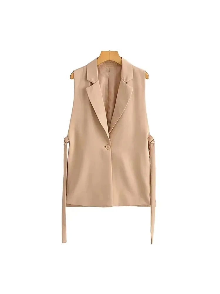 صدرية نسائية أنيقة من TRZA بفتحات جانبية وصدرية بدون أكمام وأزرار أمامية وملابس خارجية نسائية أنيقة 